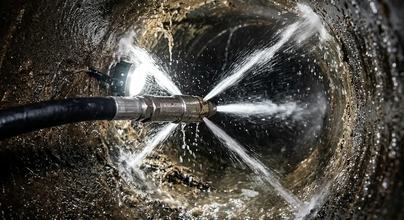High-pressure hydro jetting nozzle cleaning sewer pipe for Sewer Line Relining in Union Grove