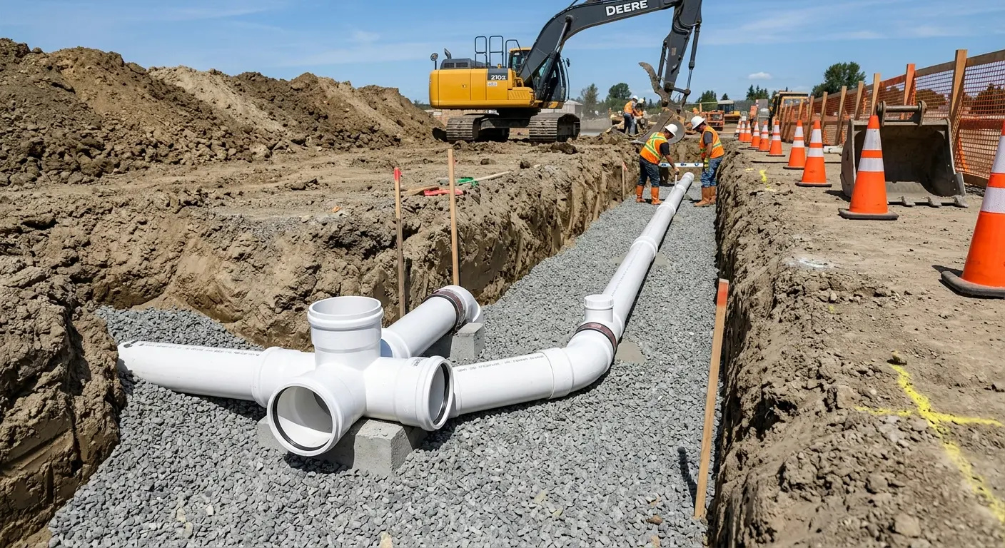 New PVC sewer pipe installation in open trench for Sewer Backup in Union Grove