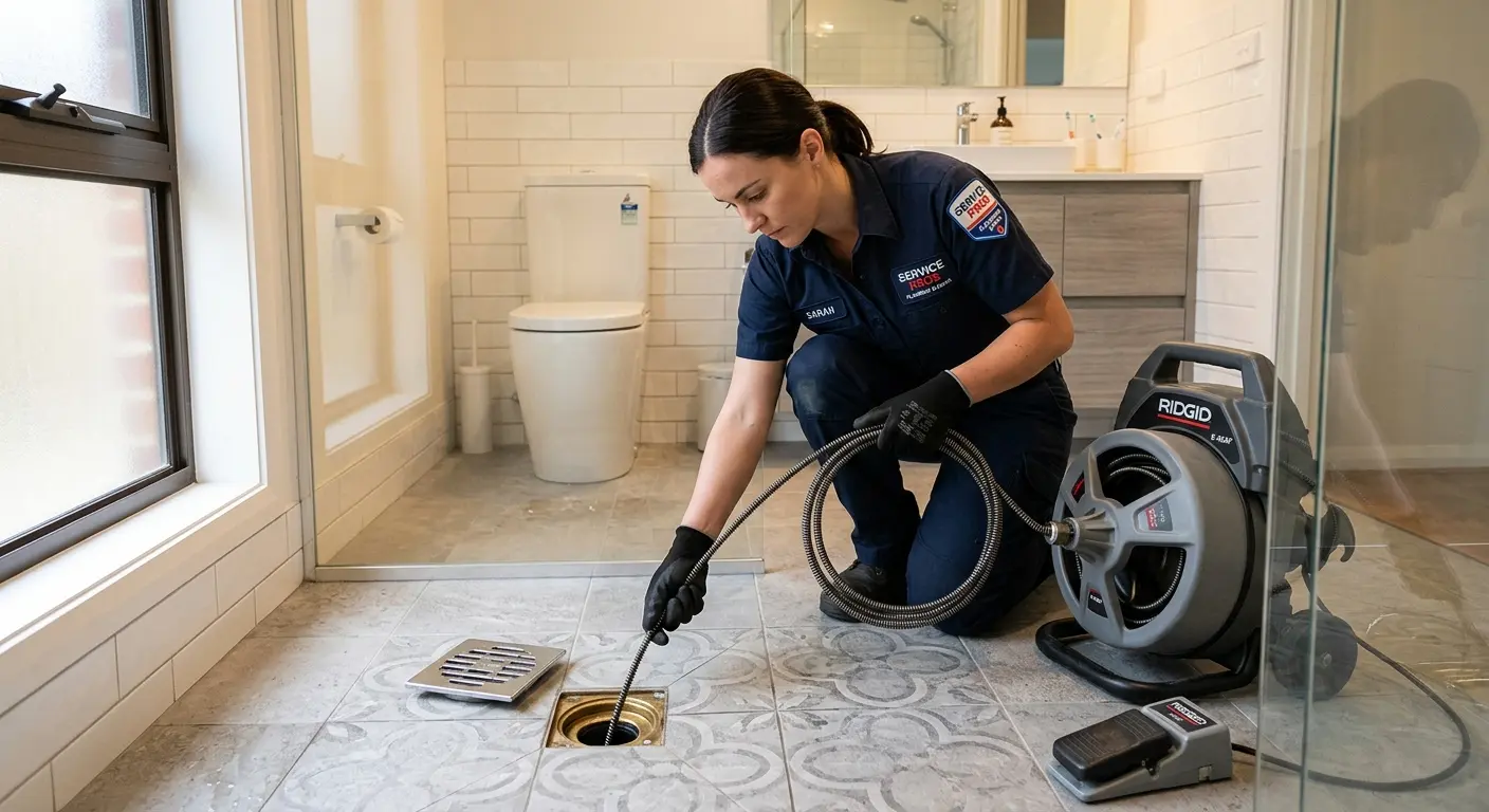 Technician clearing a bathroom floor drain for Sewer Line Replacement in Union Grove